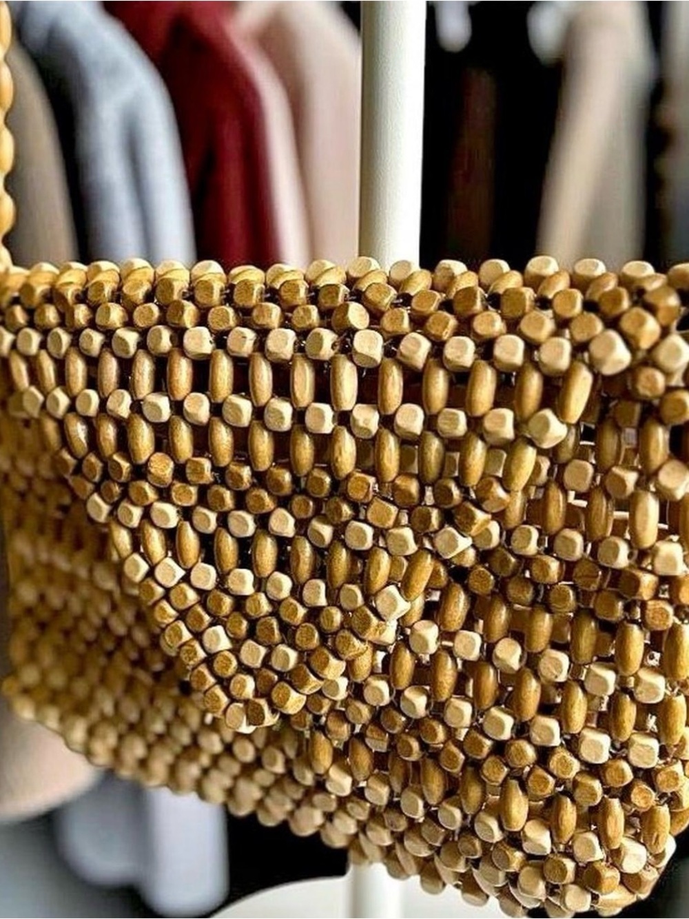 Wooden Beaded Shoulder Bag | Boho Y2K Neutral Beaded Woven Purse - Picture 3 of 7